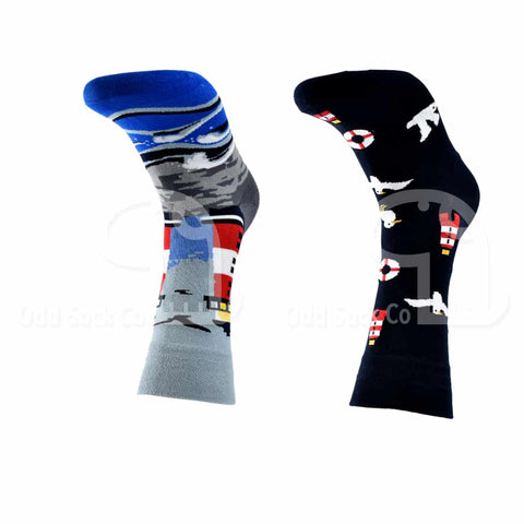 Lighthouse Themed Socks Front View Odd Sock Co