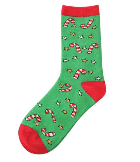 A pair of green socks with candy cane pattern