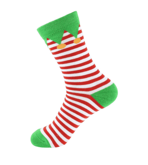 A pair of red and white striped socks with elf bell patterned trim