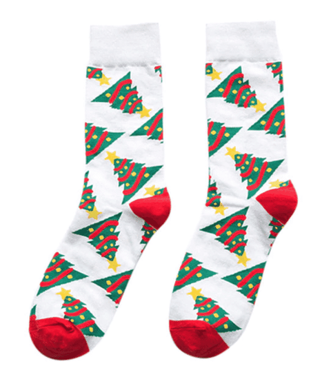 A pair of white socks with decorated Christmas tree pattern