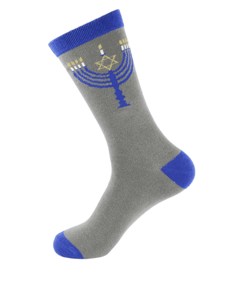 A pair of grey socks with Chanukah menorah image