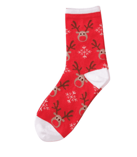 A pair of red socks with reindeer pattern
