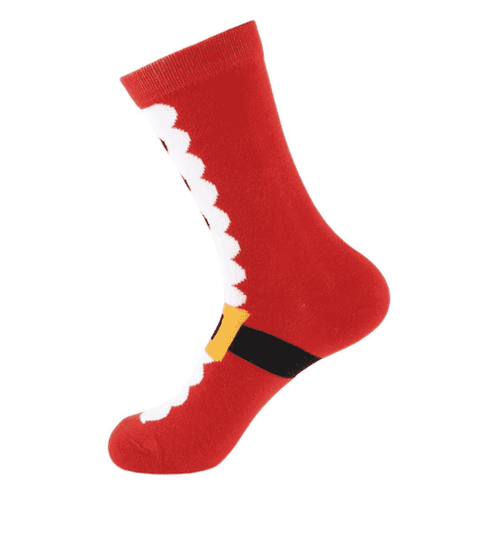 A pair of red socks with Santa's boot and buckle print