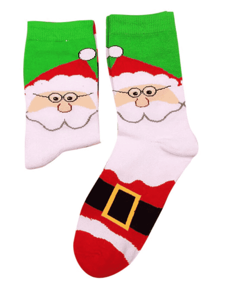 A pair of socks with Santa's face and costume print