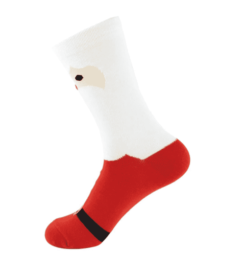 A pair of red and white socks with Santa's face
